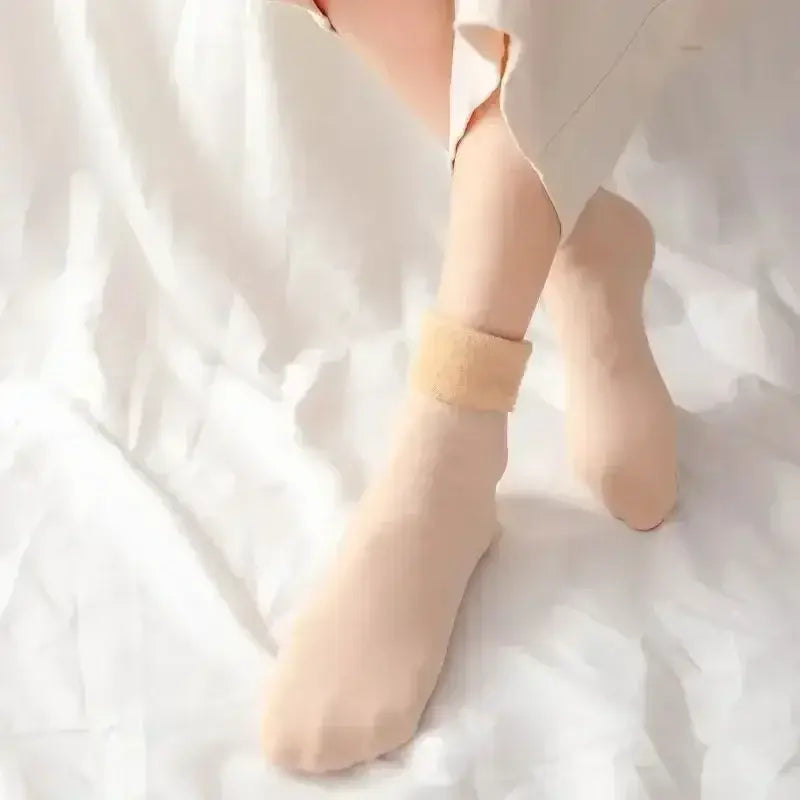 beige sheer ankle winter thermal socks with a soft fuzzy cuff fleece lined with cashmere wool for warmth and comfort