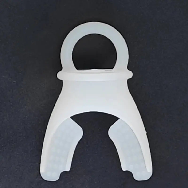white plastic dental retainer clip with a looped top and two curved arms designed as a lung capacity training device for respiratory fitness.