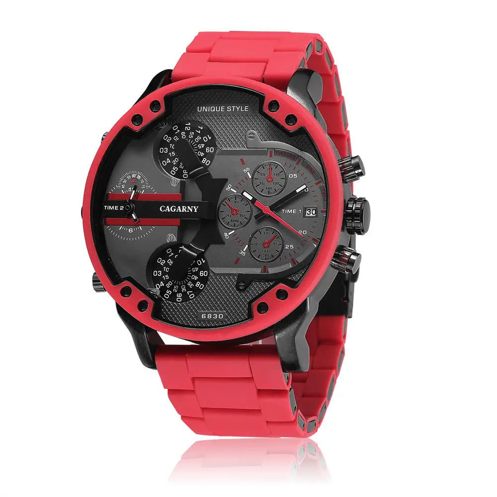 Rote und schwarze Cagary-Dual-Time-Luxus-Chronographenuhr aus Stahl mit Quarzwerk für Herren, mit markantem Multi-Zifferblatt-Design.