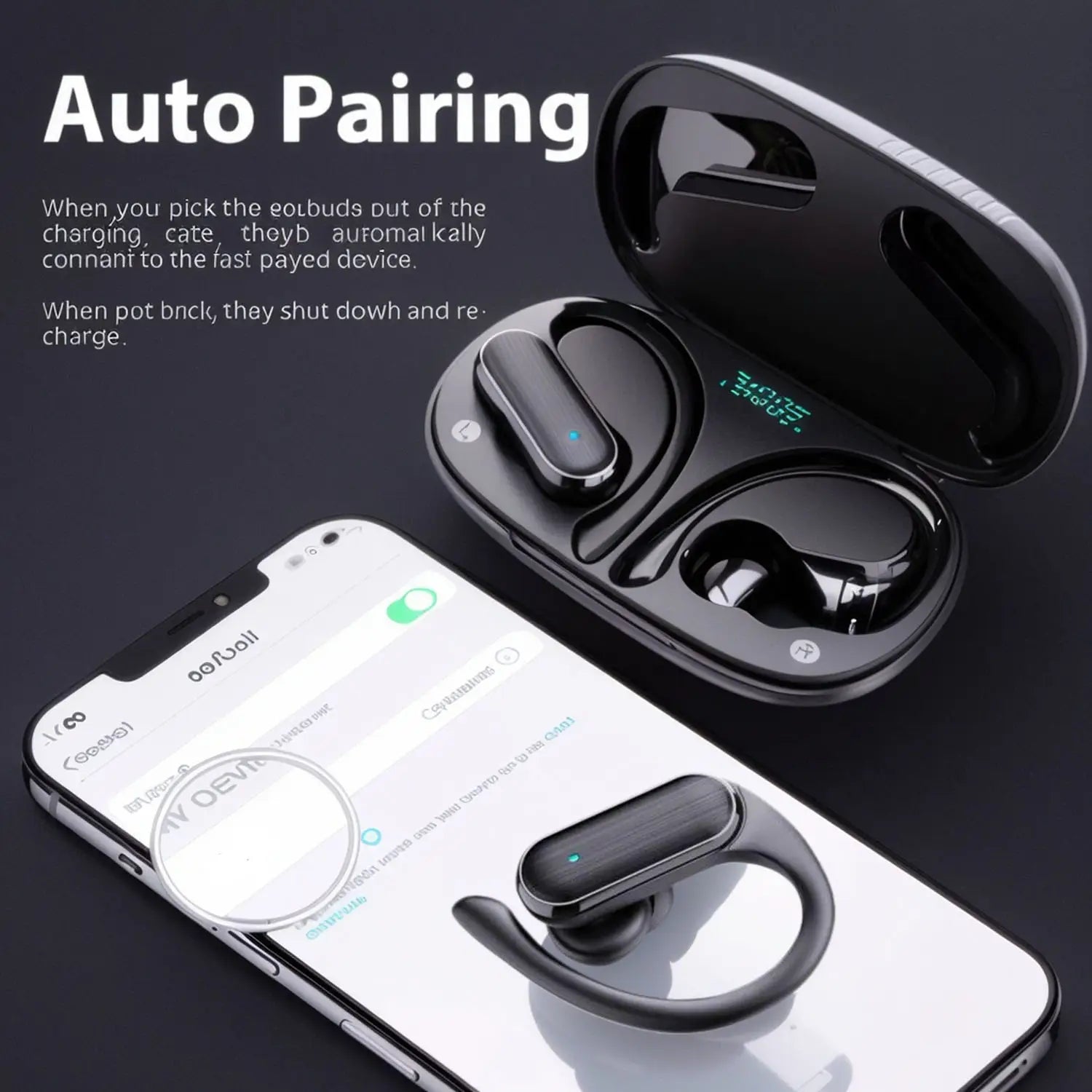Black wireless earhook earbuds with hd stereo and bluetooth 5.0 housed in a sleek black charging case with green led indicators.