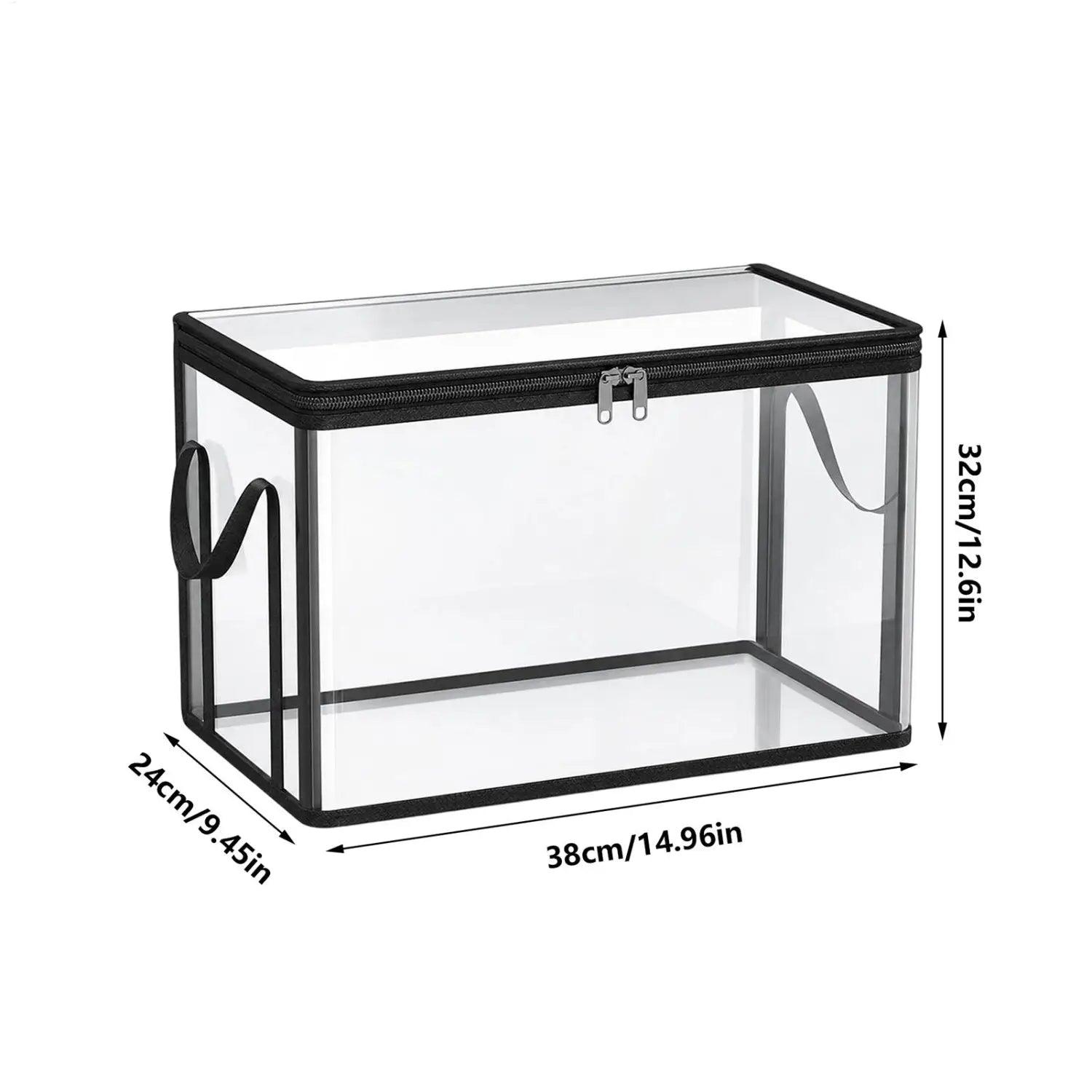 Boîte de rangement rectangulaire empilable transparente, fabriquée dans un matériau transparent, avec fermeture à glissière noire et poignées, pour un transport facile.