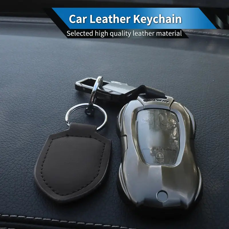 Black leather shield car keychain ring organizer with silver metal ring and car key fob cover