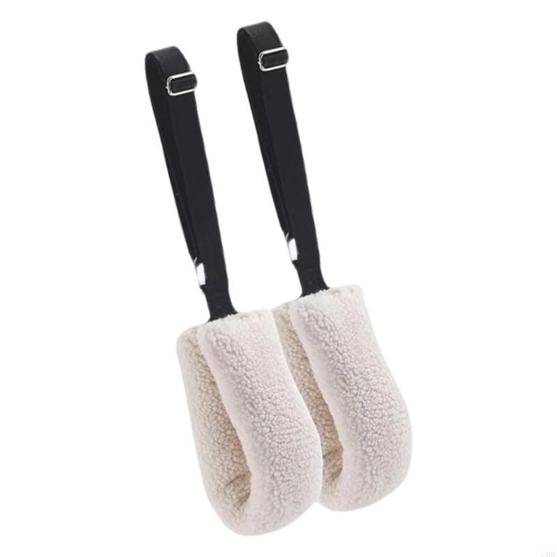 adjustable pilates straps featuring cream-colored plush fleece covers with black adjustable straps and stainless steel buckles