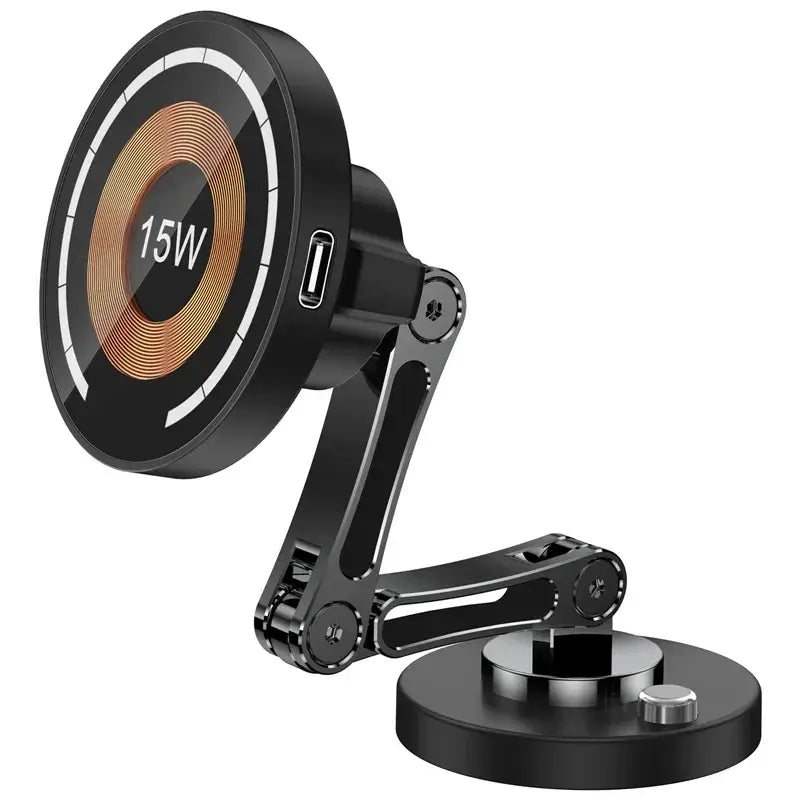 Cargador inalámbrico para coche magnético negro para iPhone 15 14 13 12 con puerto USB-C de salida de 15 W y un brazo articulado ajustable para una colocación flexible.