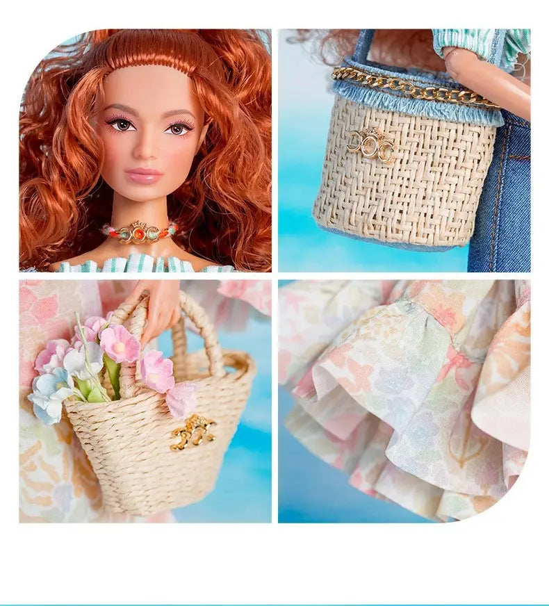 Sac cabas en paille tressée beige, avec fermoir métallique ton or et bandoulière en chaîne, pour un ensemble de vêtements et d’accessoires de mode pour poupée à l’échelle 1/6.