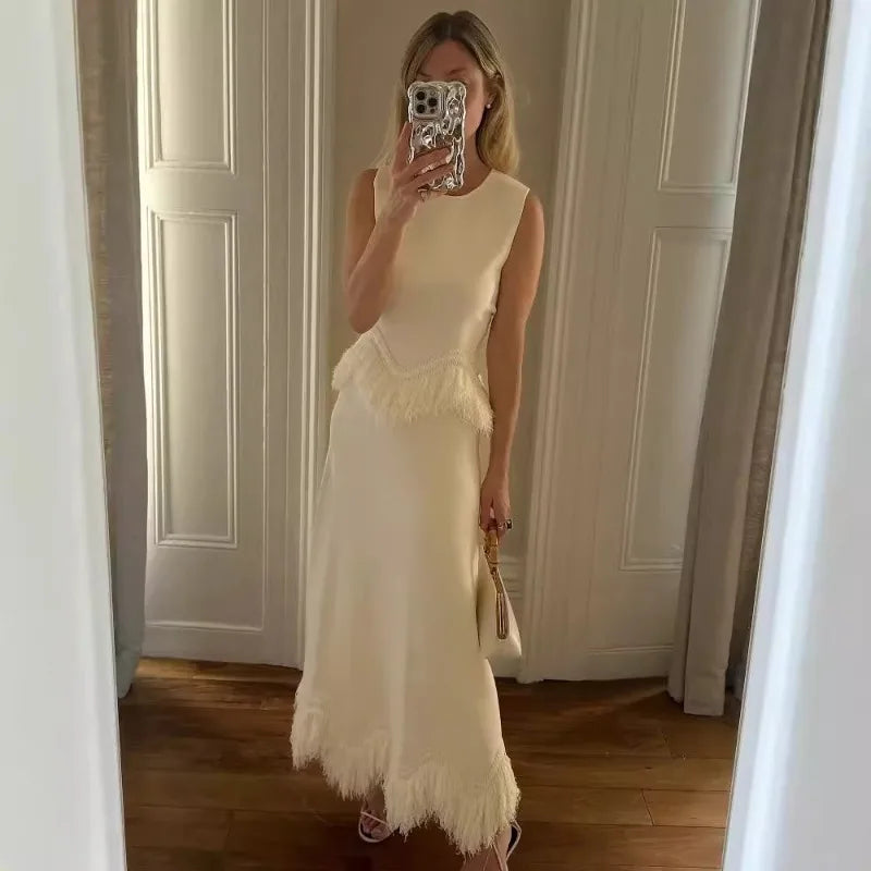 Autumn Winter Women Party Two Piece Set Elegant INS Tassel Shirt Top + Maxi Skirt Suit 2026 Celebrity Guest Evening Outfits