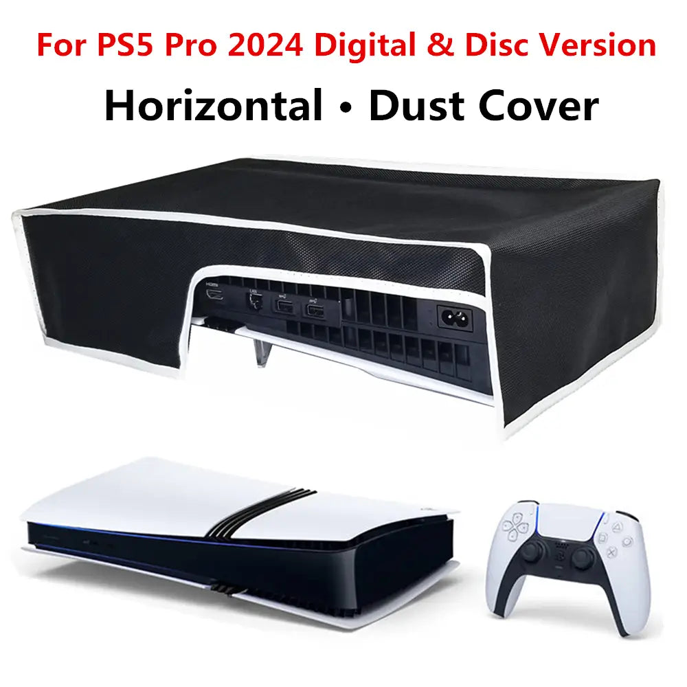 Black horizontal dust cover with white trim made of oxford cloth for ps5 pro console 2024 digital and disc versions.