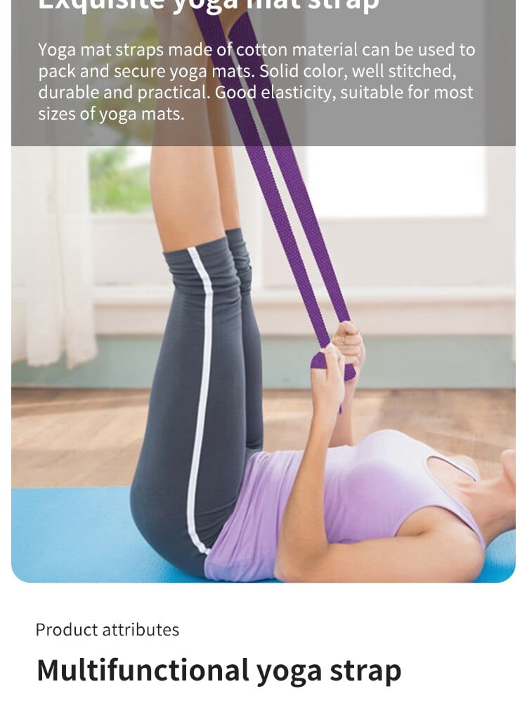 adjustable purple cotton yoga mat strap featuring a solid color and well-stitched design for secure carrying of yoga mats.