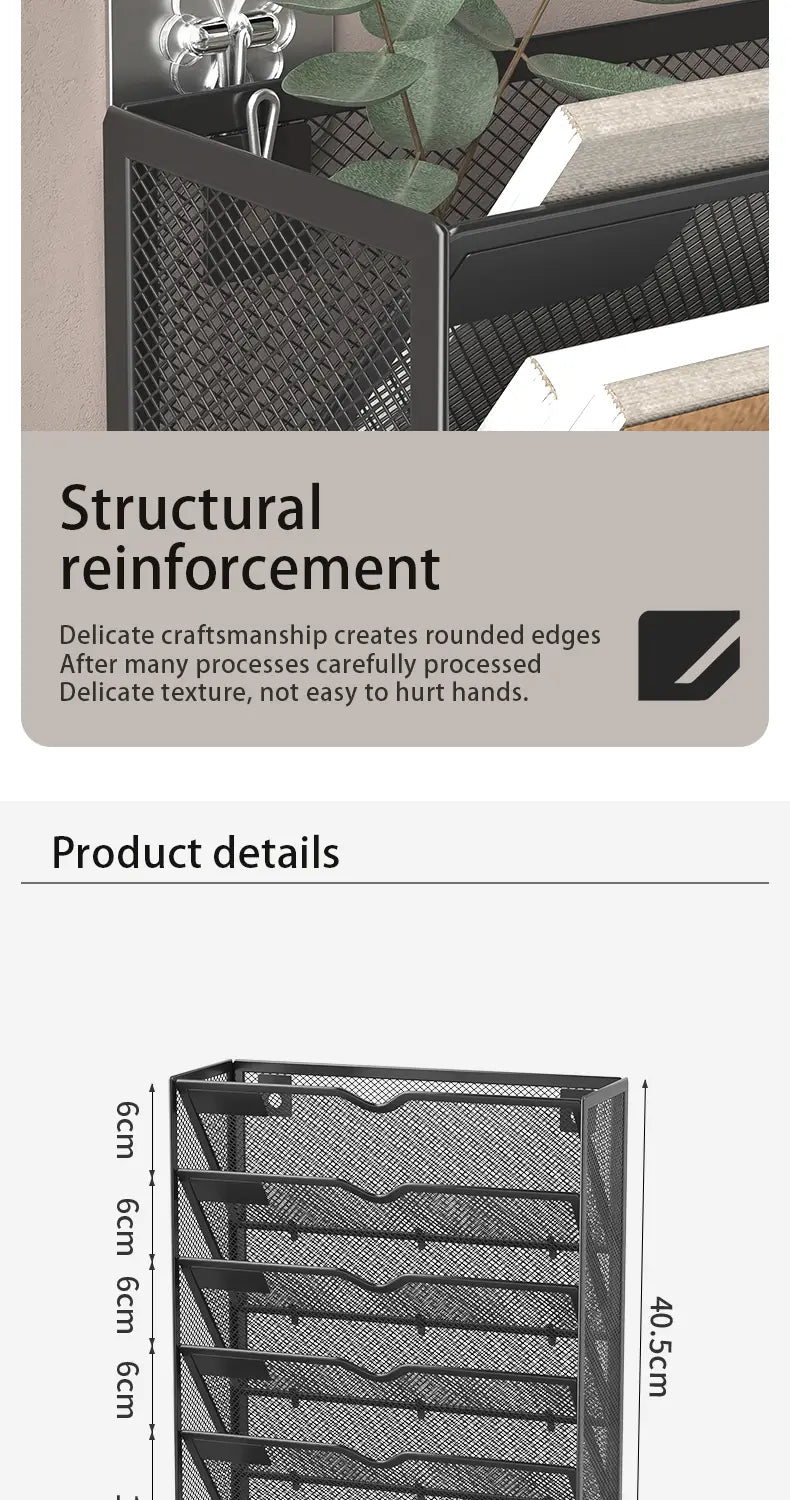 Black mesh wall mount file organizer with five compartments designed for document storage and organization.