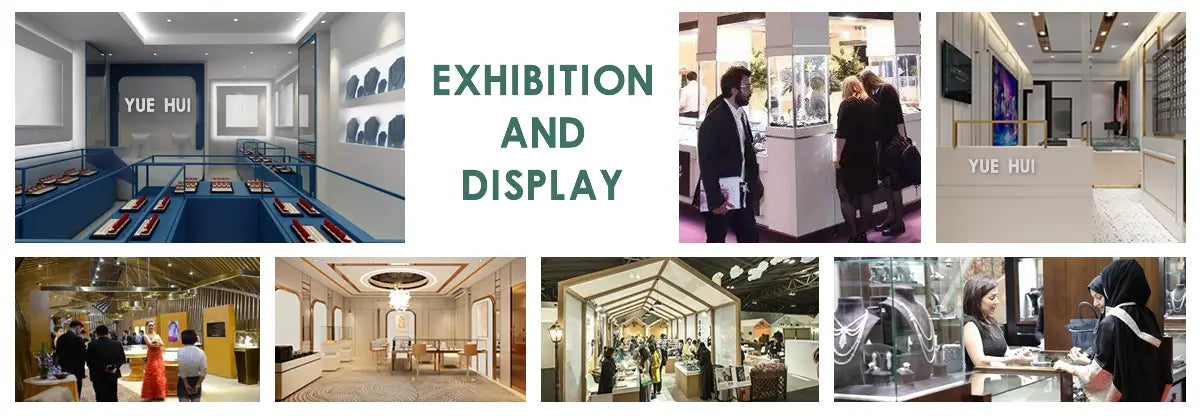 The image shows a modern exhibition space with sleek glass cases and minimalist shelving displaying yue h moissanite clip on earrings made of 925 sterling silver.