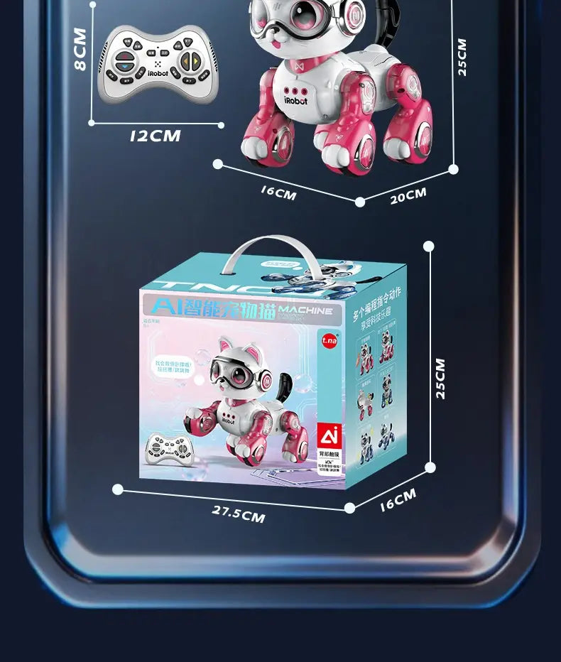 Remote control robotic horse toy featuring a pink and white irobot ai robotic dog with goggles.