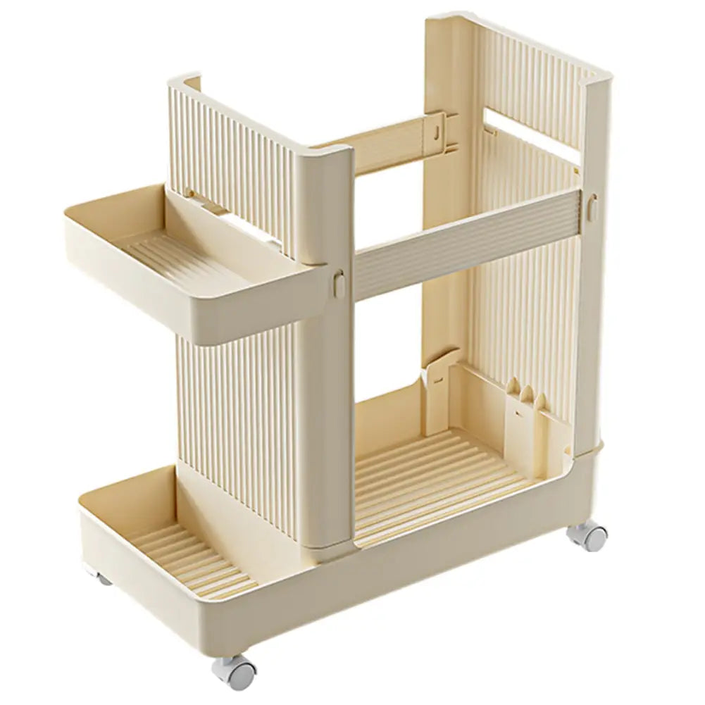 Beige two-tier plastic rolling gym equipment storage cart with ribbed shelves and wheels for easy mobility.