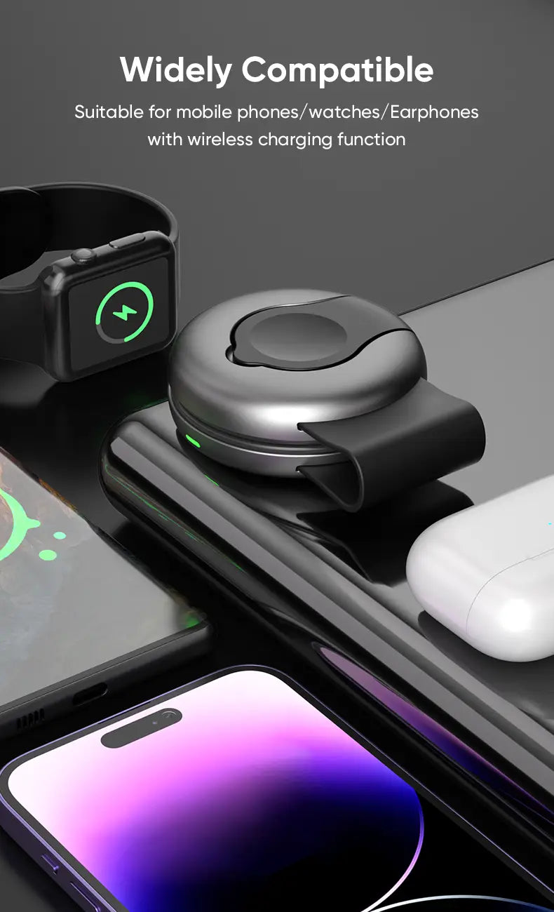 foldable 3-in-1 magnetic wireless charger in black and silver with a circular design and integrated clip for secure placement.