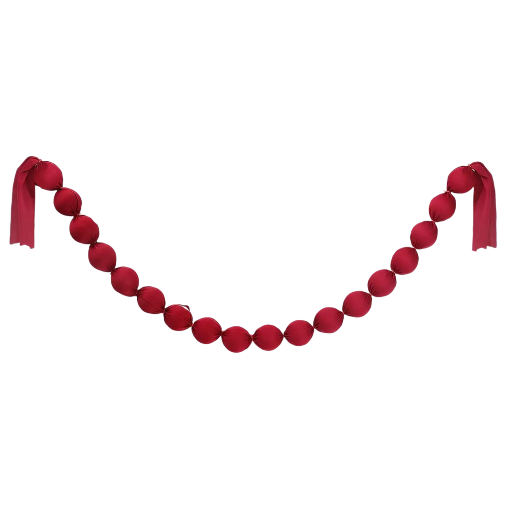 Red satin ribbon ball garland with tied ends in burgundy visible from front for festive decoration