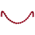 Red satin ribbon ball garland with tied ends in burgundy visible from front for festive decoration