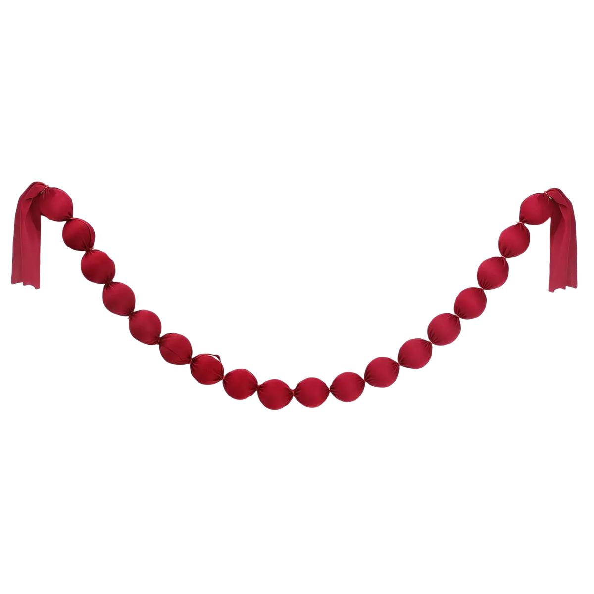 Red satin ribbon ball garland with tied ends in burgundy visible from front for festive decoration