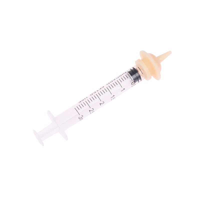clear plastic pet oral syringe with black measurement markings and beige silicone nipple feeder available in 1ml 3ml 5ml sizes