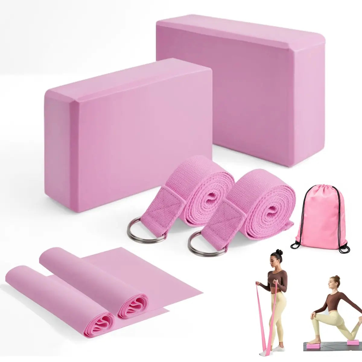 pink 5-level resistance bands set featuring rolled resistance bands with metal rings, two non-slip eva foam blocks, and a matching pink drawstring bag for yoga and fitness use
