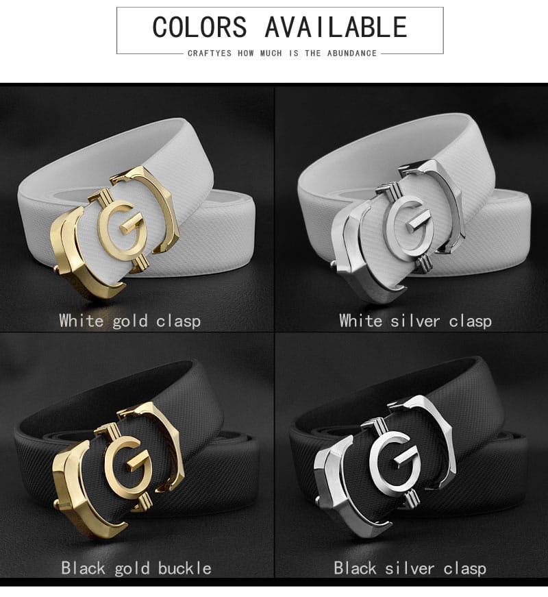 Ceinture en cuir blanc pour homme présentant une boucle distinctive au logo g à entrelacement, doré ou argenté, en forme de g.
