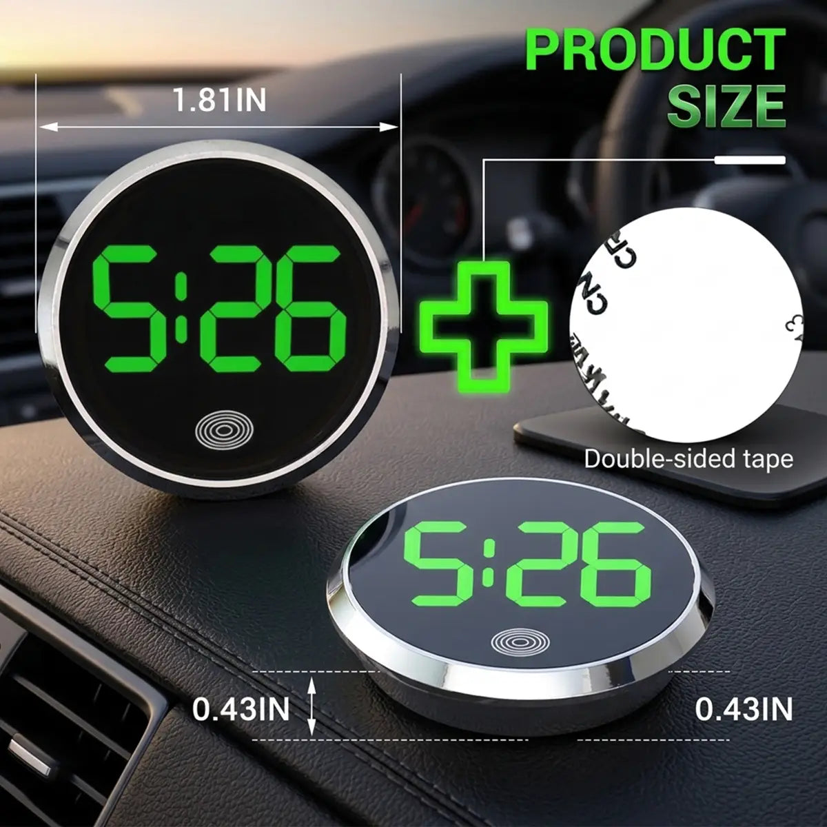 circular digital car clock with a sleek black face silver metallic rim and bright green led display showing the time 5 26 in a car dashboard digital clock led touch display.