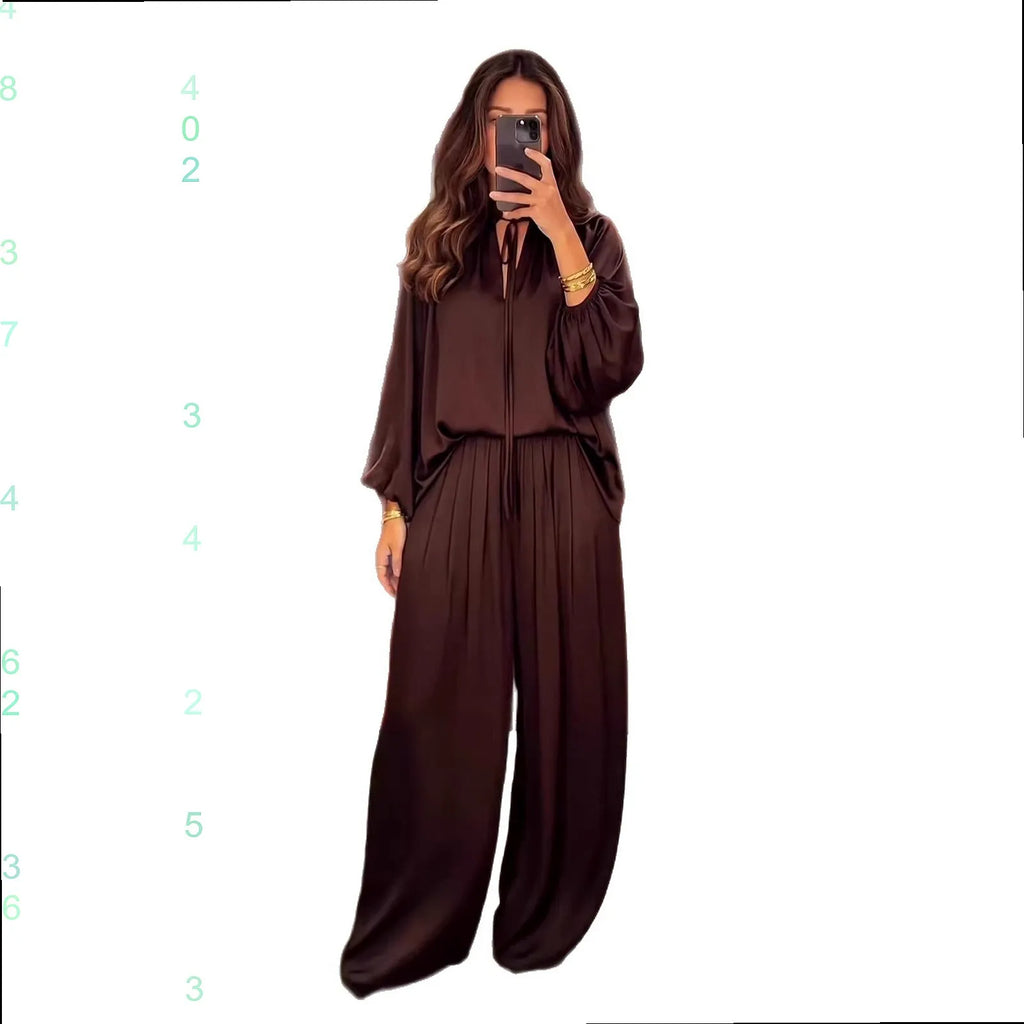 Fashion Women's Matching Set V Neck Tie Front Loose Long Sleeve Tops Pants 2 Piece Outfits Spring Summer