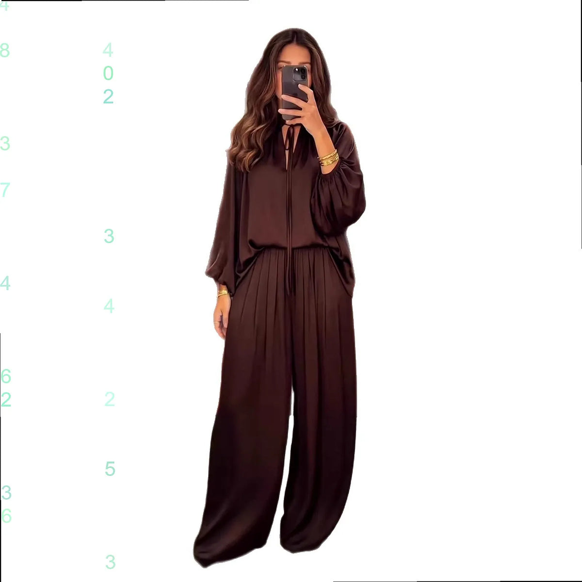 Fashion Women's Matching Set V Neck Tie Front Loose Long Sleeve Tops Pants 2 Piece Outfits Spring Summer