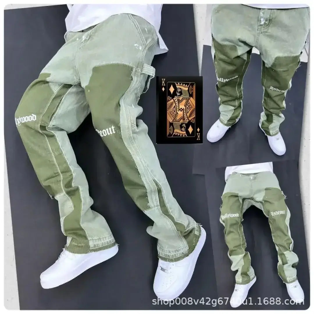 men vintage bell bottom jeans distressed denim cargo pants in olive green with white stitching patchwork design and hollywood embroidery on the legs