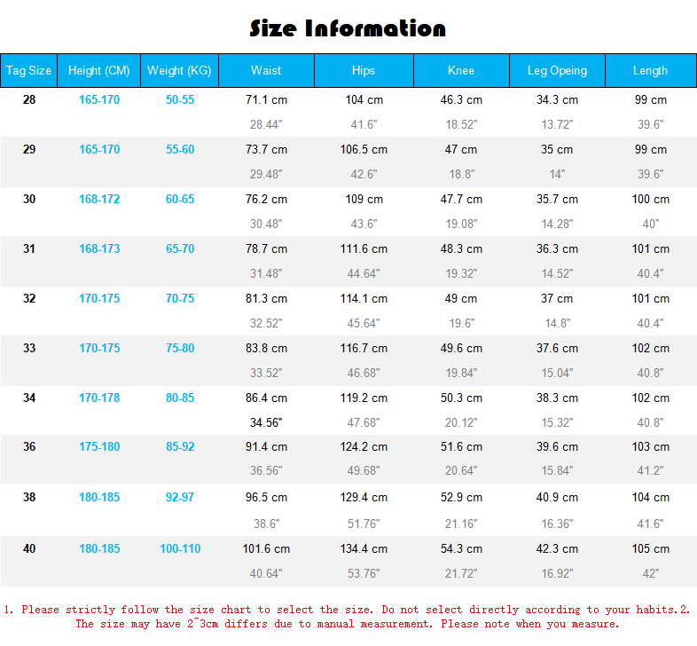Tableau d’informations de taille pour jeans en denim ample à broder pour hommes, présentant des mesures en centimètres et en pouces selon différentes tailles d’étiquette.