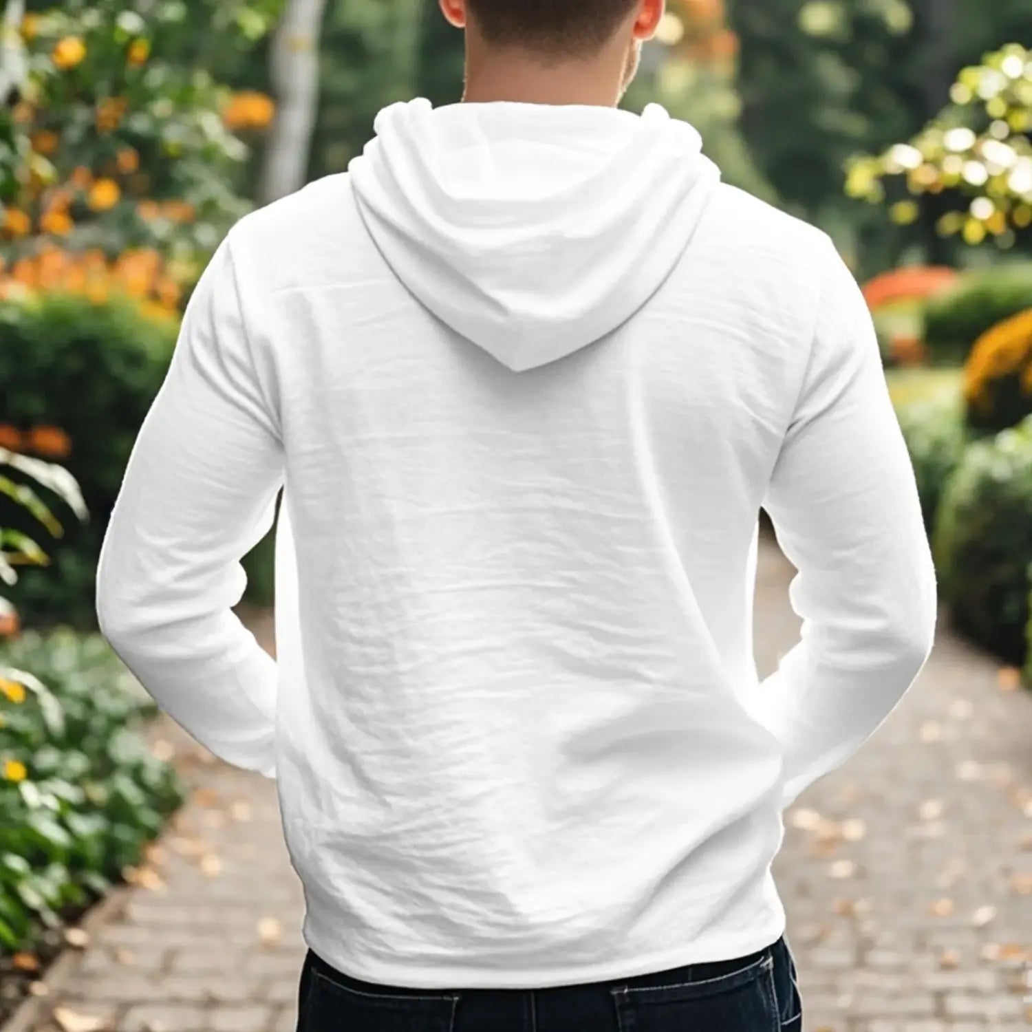 White long-sleeved men cotton linen hoodie shirt featuring a soft slightly textured fabric and classic hood design.