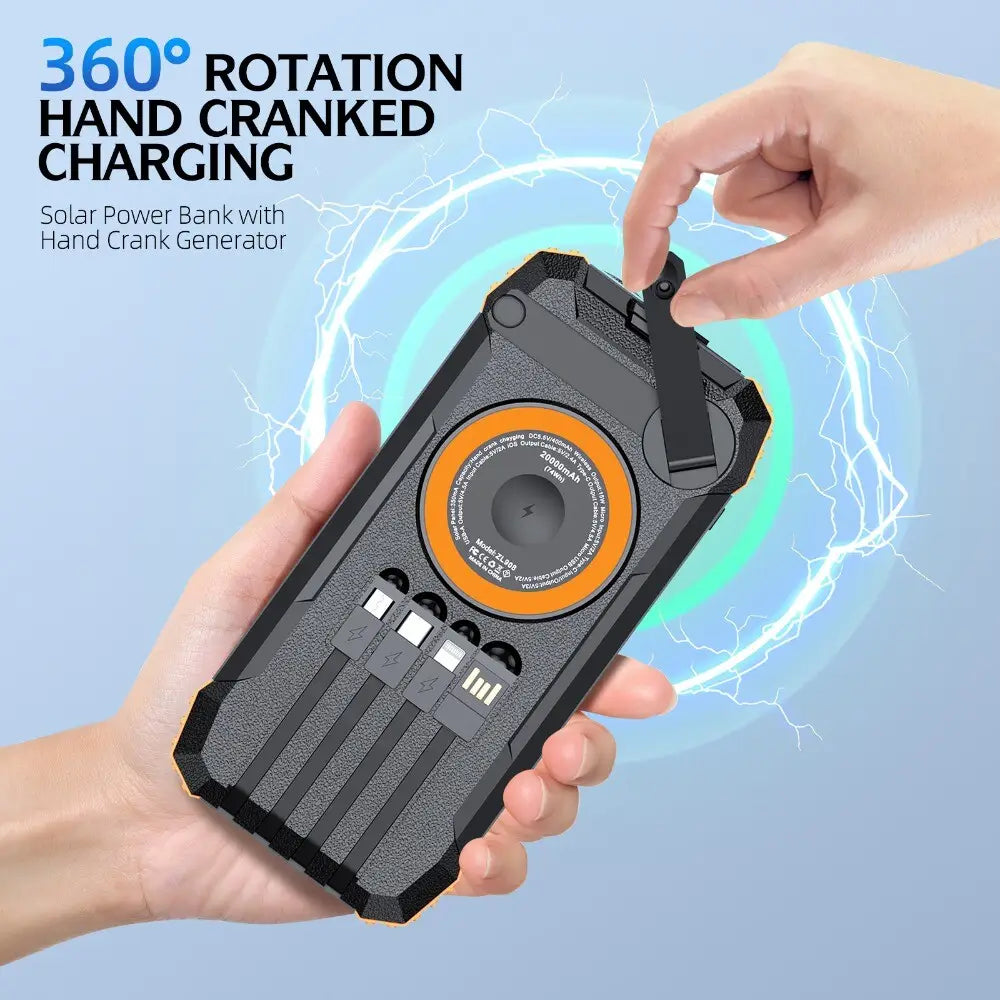 Black rugged hand crank solar power bank 50000mah with orange circular charging indicator and micro usb port for outdoor use.