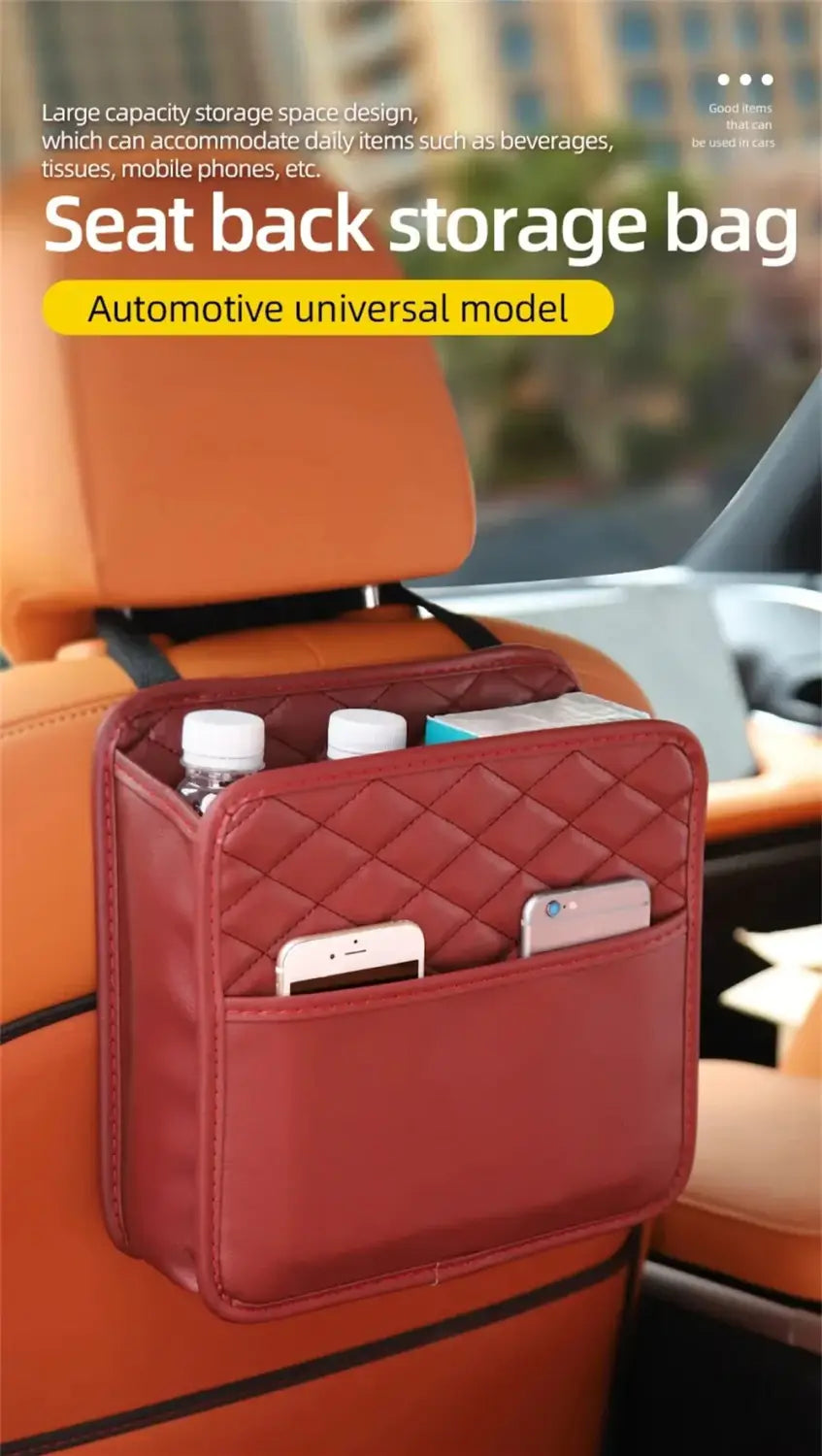 Red quilted car seat organizer storage bag shown from the back side with multiple compartments for organizing daily items.