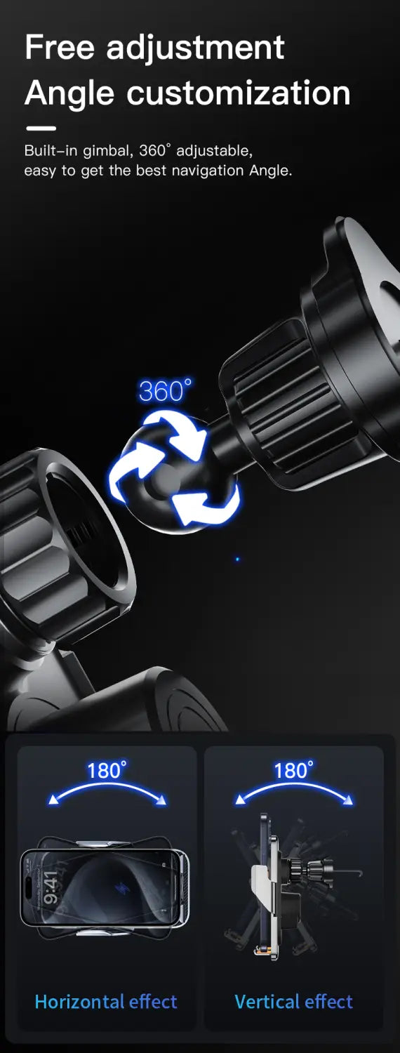 black 360-degree adjustable phone holder with built-in gimbal and wireless charging for flexible viewing angles and auto clamping functionality