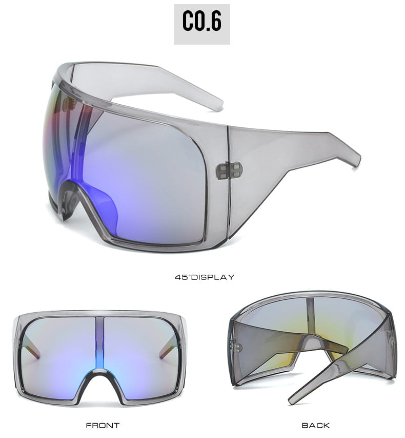Klare gerahmte futuristische Schild-Sonnenbrille für Herren mit UV400-Schutz und reflektierenden blau-violetten Farbverlauf-Gläsern im schwarzen Rahmen.