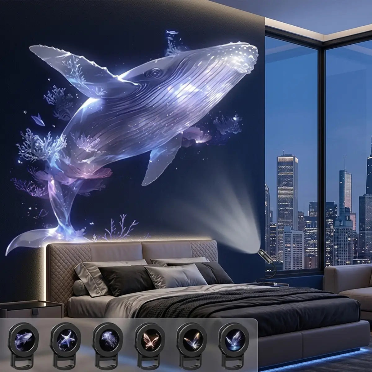 Stickers muraux holographiques de baleine lumineuse bleue et violette avec des accents corail, présentés avec la lumière de projecteur mini LED « ciel étoilé galaxie », conçue pour améliorer l’éclairage d’ambiance grâce aux effets de projection