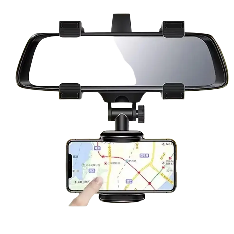 Black plastic car phone holder with adjustable clamp and rotating base for rearview mirror mount visible from front angle