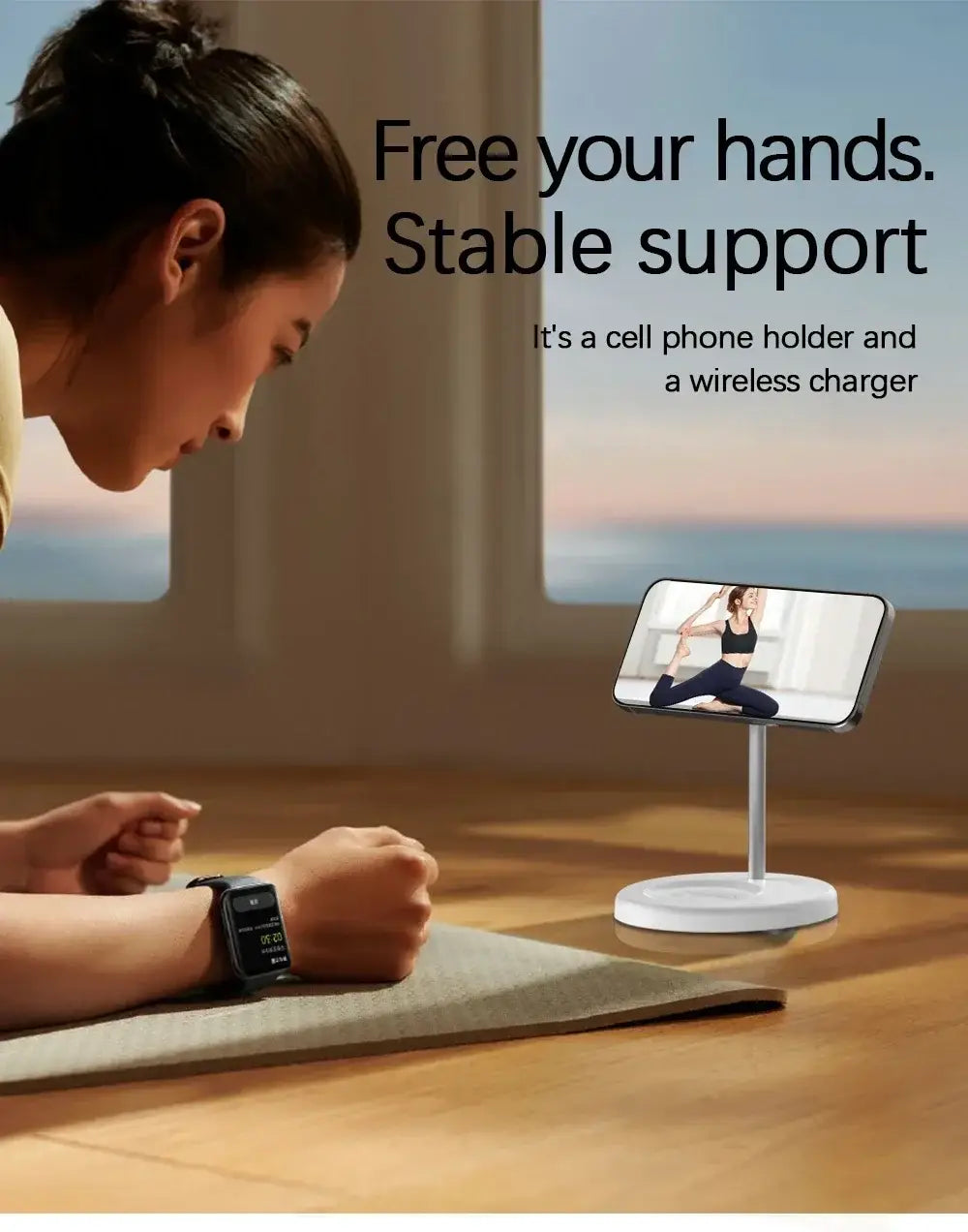 white magnetic wireless charger stand with sleek minimalist design holding an iphone upright for stable support and wireless charging of iphone and airpods