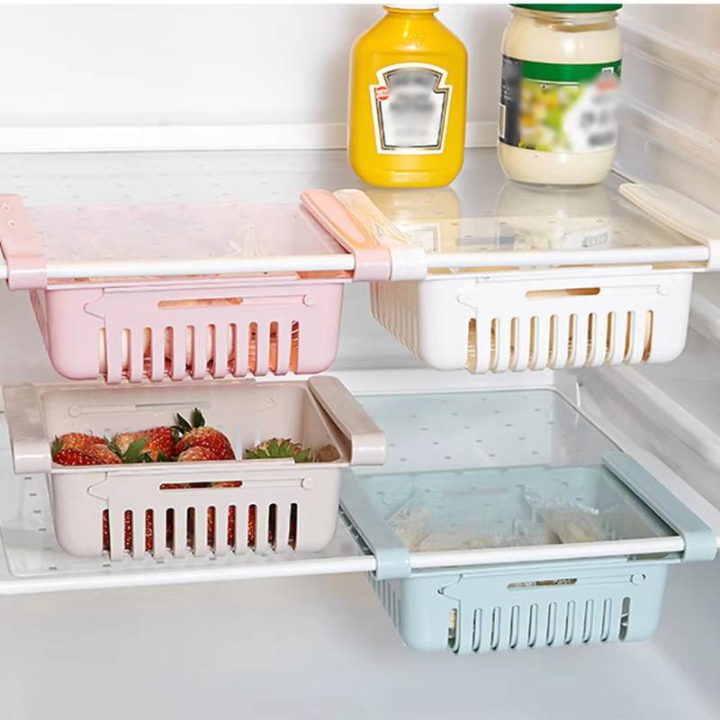 pastel-colored plastic sink drain rack with slatted sides and clear lids made of food-grade polypropylene for adjustable kitchen shelf organization