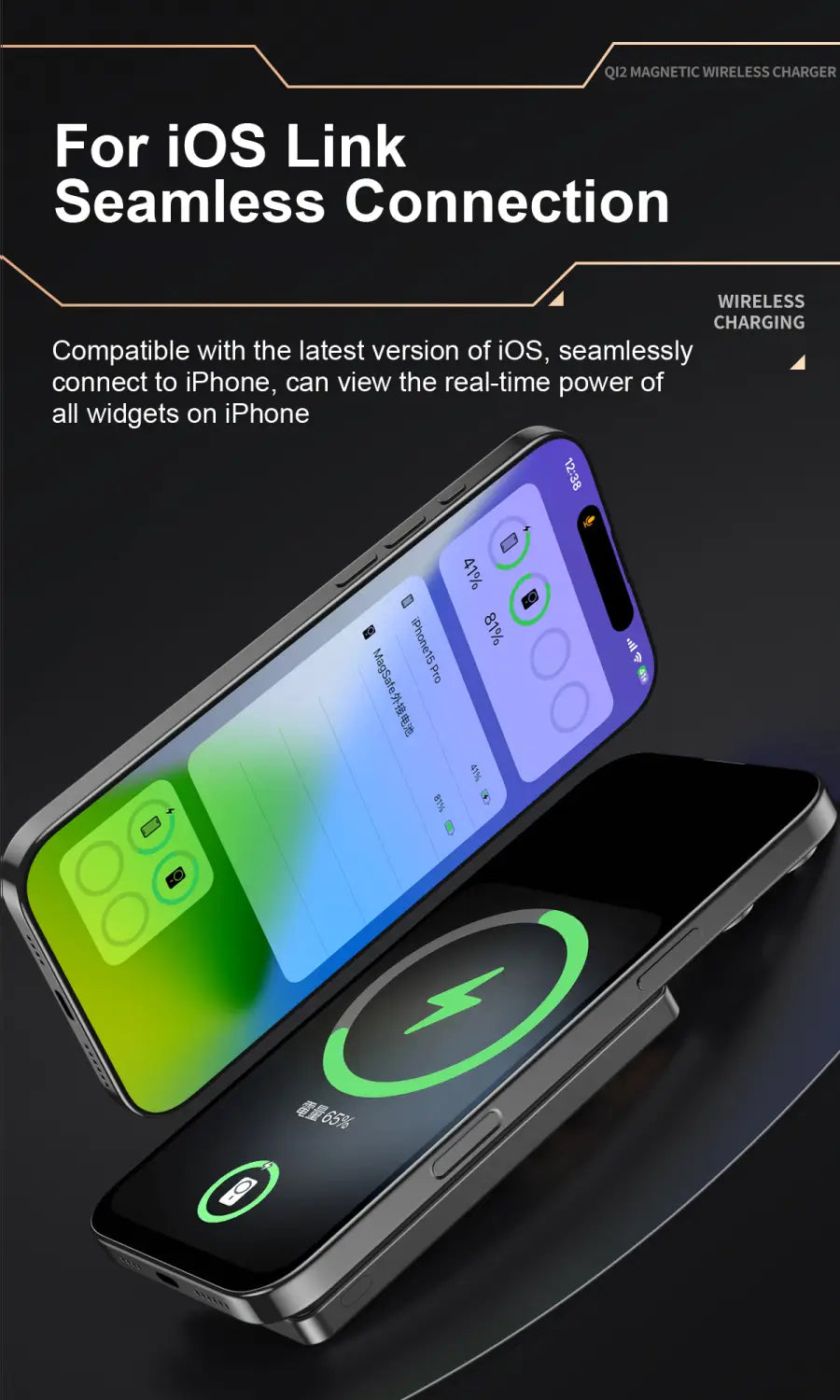 Die schwarze Qi2-Magnet-Wireless-Powerbank 10000mAh zeichnet sich durch ein schlankes minimalistisches Design mit dezentem grünem Ladeanzeige-Licht aus.