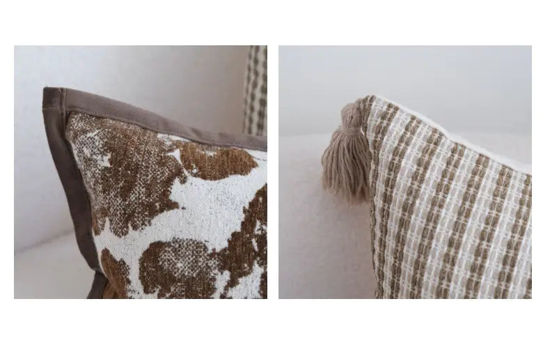 Kissenbezug aus braunem Maillard, geometrischer Jacquard mit braunem und weißem Muster, mit einem strukturierten Stoffdesign, einer einfarbigen braunen Bordüre und passendem Quastenakzent.