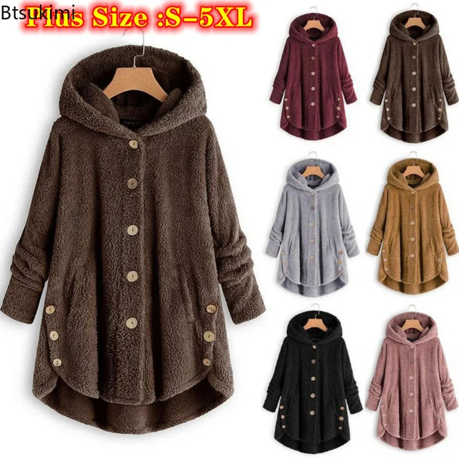 Autumn Winter Women's Warm Coats Fashion Plush Jackets Loose Casual Irregular Long Sleeve Hooded Windproof Jackets Women Outwear