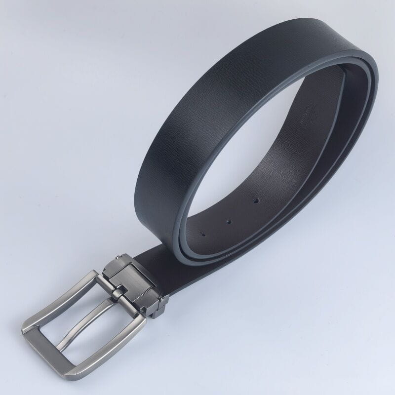 Black leather belt with a sleek silver-toned pin buckle designed for classic business casual wear
