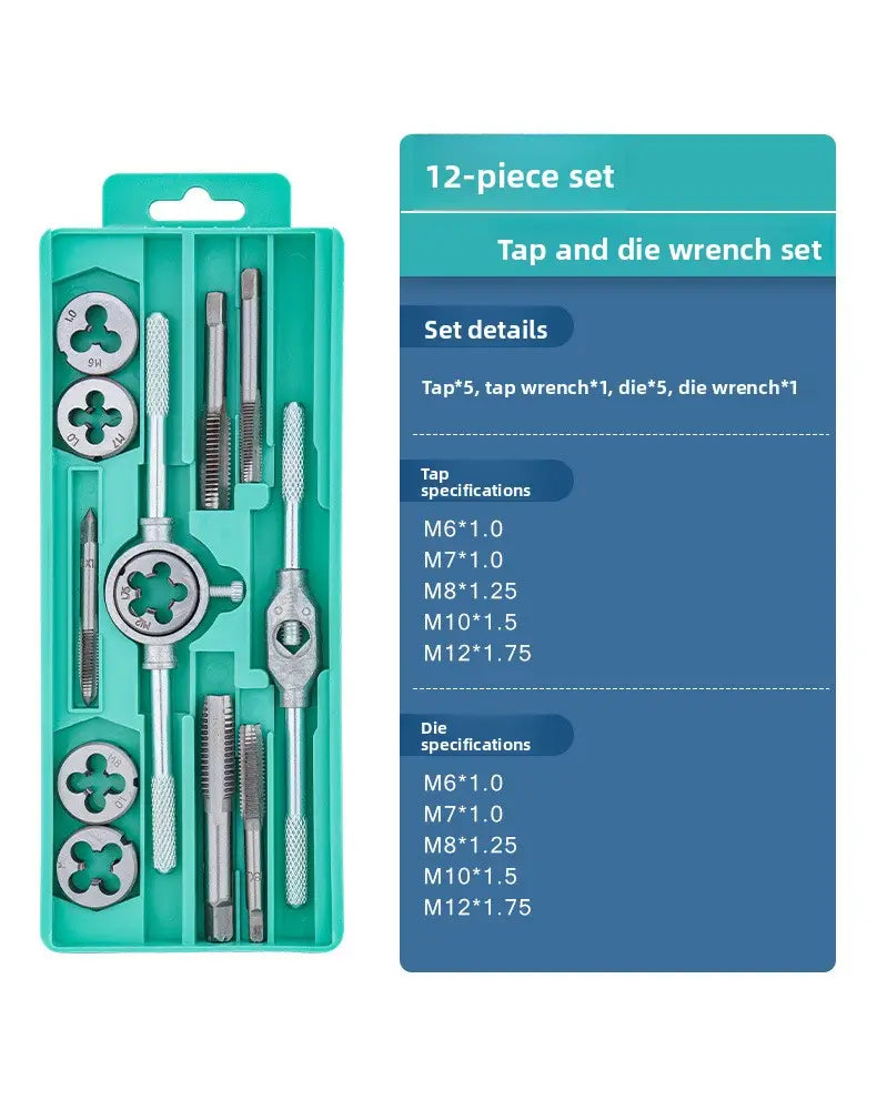 Teal plastic case holding a 12-piece tap and die set thread cutting tool kit with silver metal tools.
