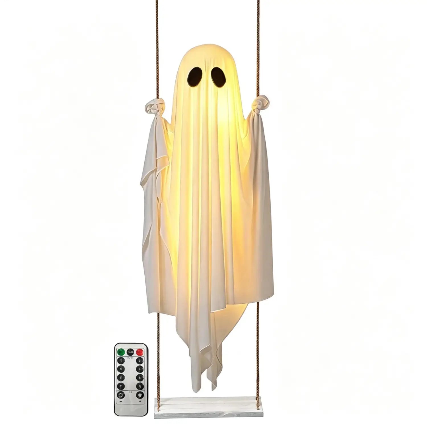 una lámpara de fantasma colgante oscilante iluminada y blanca con tela translúcida en movimiento y recortes negros para los ojos, diseñada para uso exterior en Halloween
