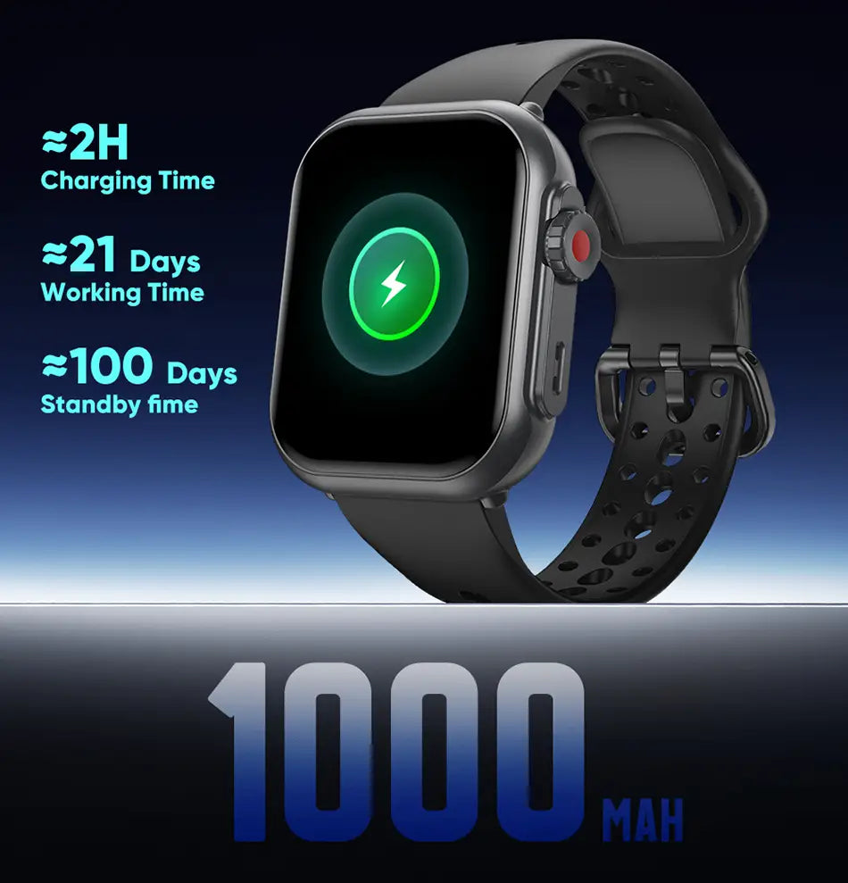 Schwarzer AMOLED-Bluetooth-Smartwatch-Fitness-Tracker mit schlankem rechteckigem Display, das ein grünes Lade-Symbol anzeigt, und einem perforierten Silikonarmband, ausgelegt für IP68-Wasserbeständigkeit und aktive Nutzung.