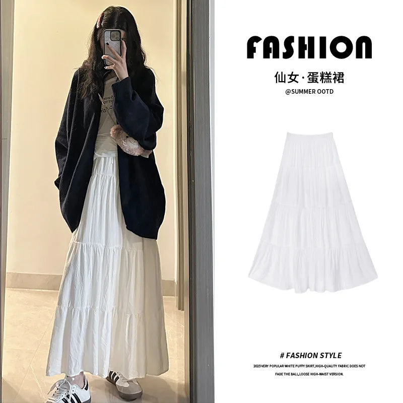 White Skirt for Women in Spring and Autumn 2025 New High Waist Drooping A-line Slim Pleated Cake Skirt