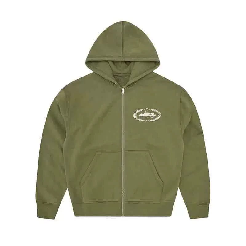 Homme Betawoo sweat à capuche zippé en polaire vert olive, avec un logo brodé blanc sur la poitrine.