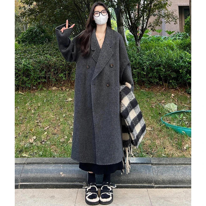 Cozy Wool Blend Women Coat Mid Length Double Breasted Lapel Longline Oversized Classic Timeless Warm Winter Outerwear Top
