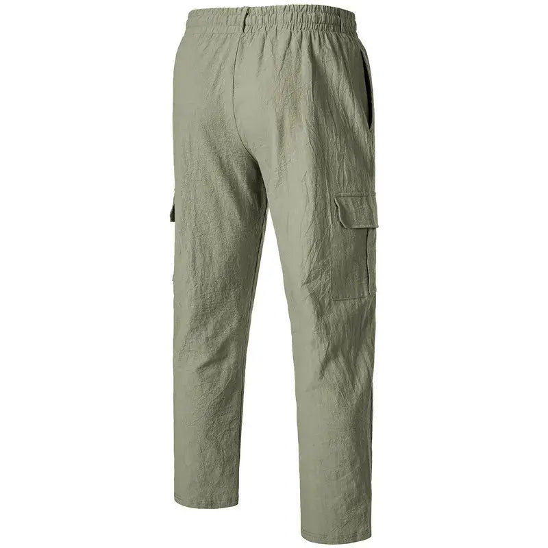 pantalons cargo en lin vert olive pour hommes, dotés d’un tissu texturé et d’une ceinture élastique, conçus pour un port décontracté et ample.
