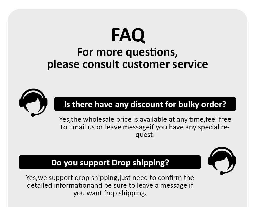 Faq section with black text on a light gray background featuring customer service icons and answers about bulk discounts and drop shipping for a patriotic skull 3d oversized men t shirt.