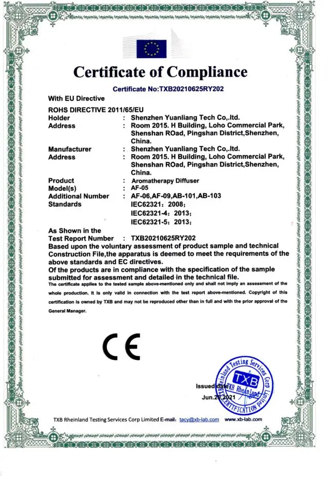Certificado europeo de conformidad con un elaborado borde verde y el marcado CE oficial para el humidificador de aire inteligente de doble niebla de 3,8 l.